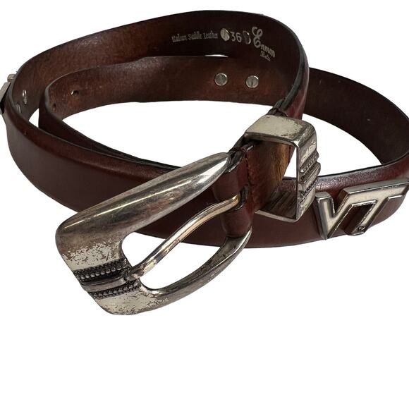 VA Tech Enmon Brown Italian Saddle Leather Belt Silver Logo 36 - Picture 1 of 13